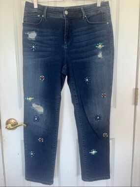 Chico's Dark Blue Straight Leg Jeans with Floral Bead Accents